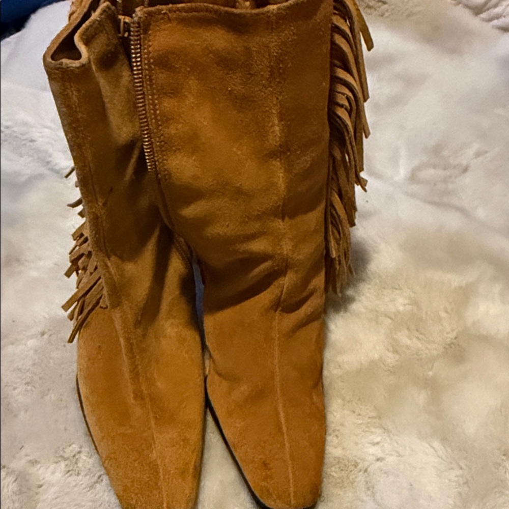 Predictions Tan Fringe Heeled Boots